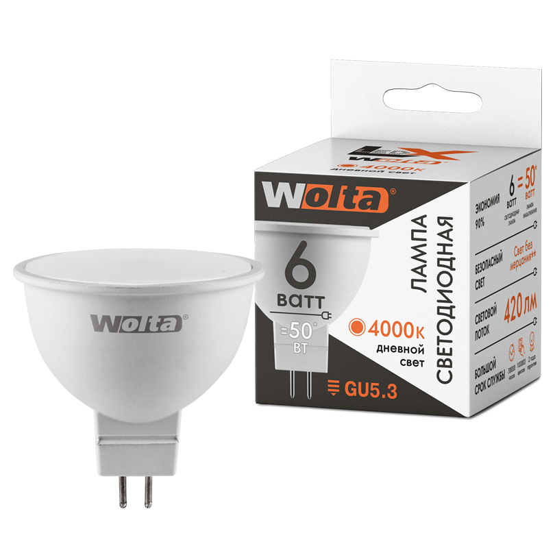Светодиодная лампа WOLTA LX 6Вт 4000K GU5.3 матовая 30SMR16-220-6GU5.3