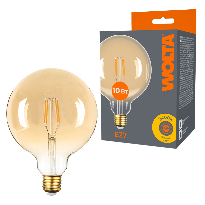 Лампа светодиодная филаментная WOLTA 10Вт 2400K Е27 шар прозрачный WF-G125-10W2.4KE27