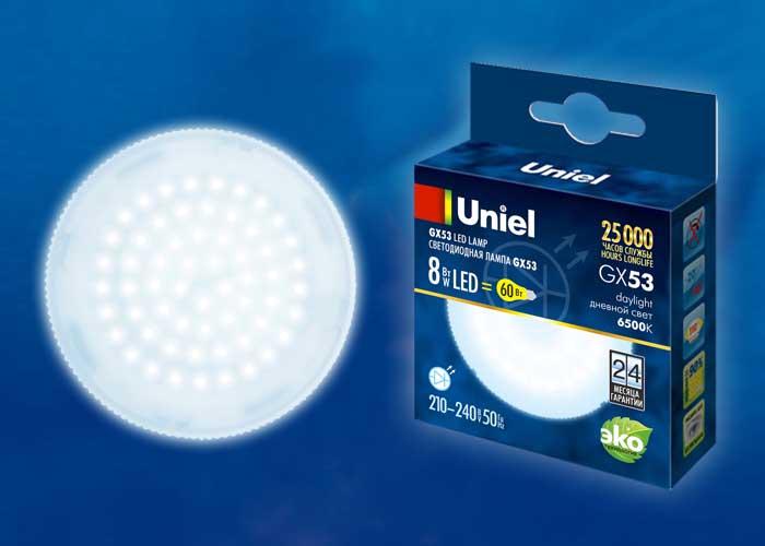 Лампа светодиодная (UL-00005311) Uniel GX53 6W 6500K матовая LED-GX53-6W/6500K/GX53/FR PLZ01WH