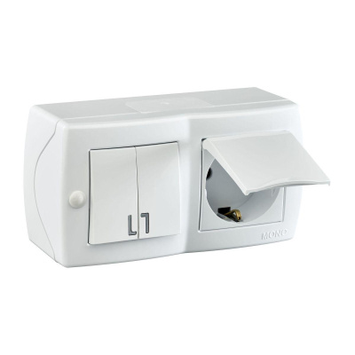 Выключатель двухклавишный + розетка с заземлением и крышкой Mono Electric Octans IP20 10А 250В белый 104-010101-187