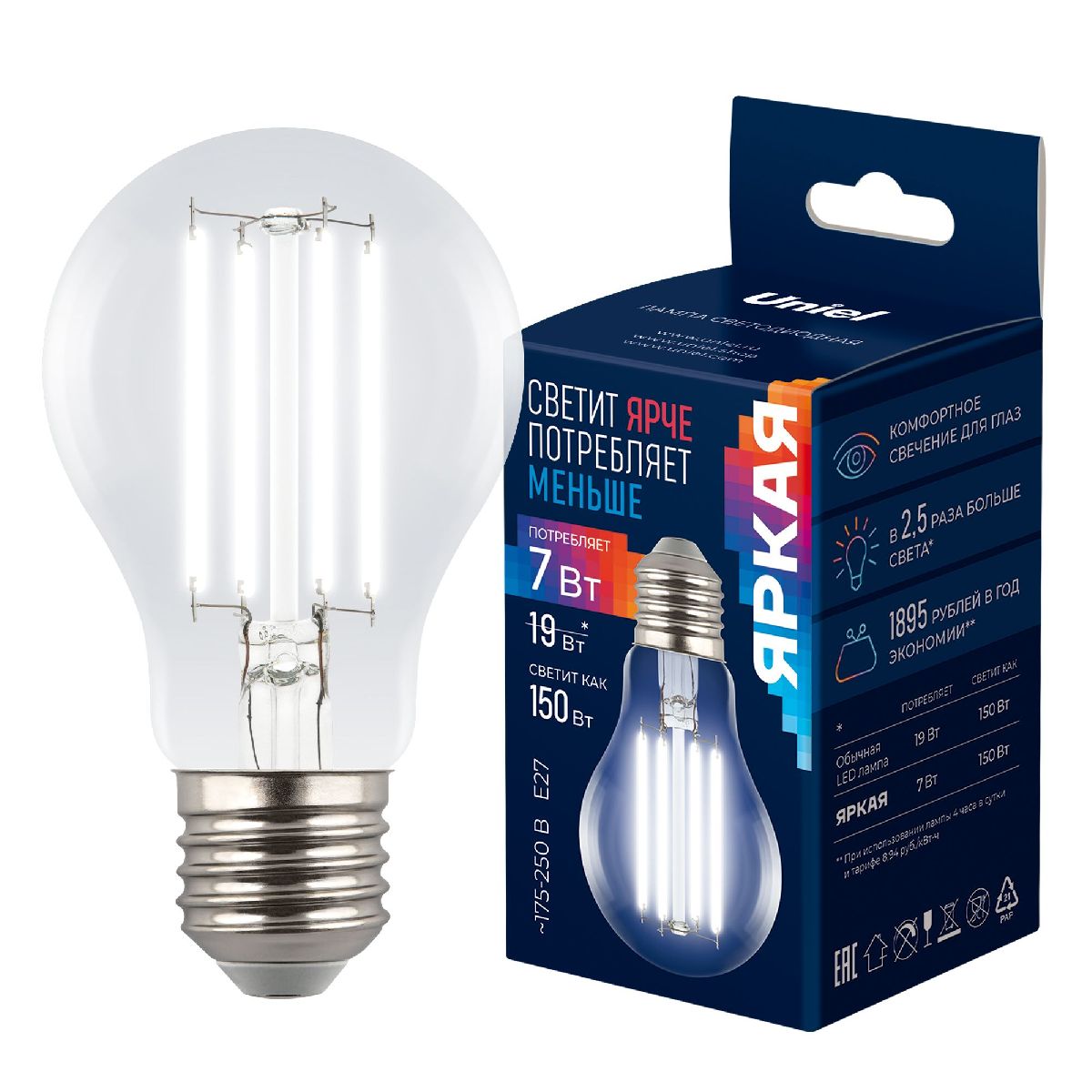 Лампа светодиодная филаментная Uniel LED-A60-7W/4000K/E27/CL GLY01TR UL-00011935