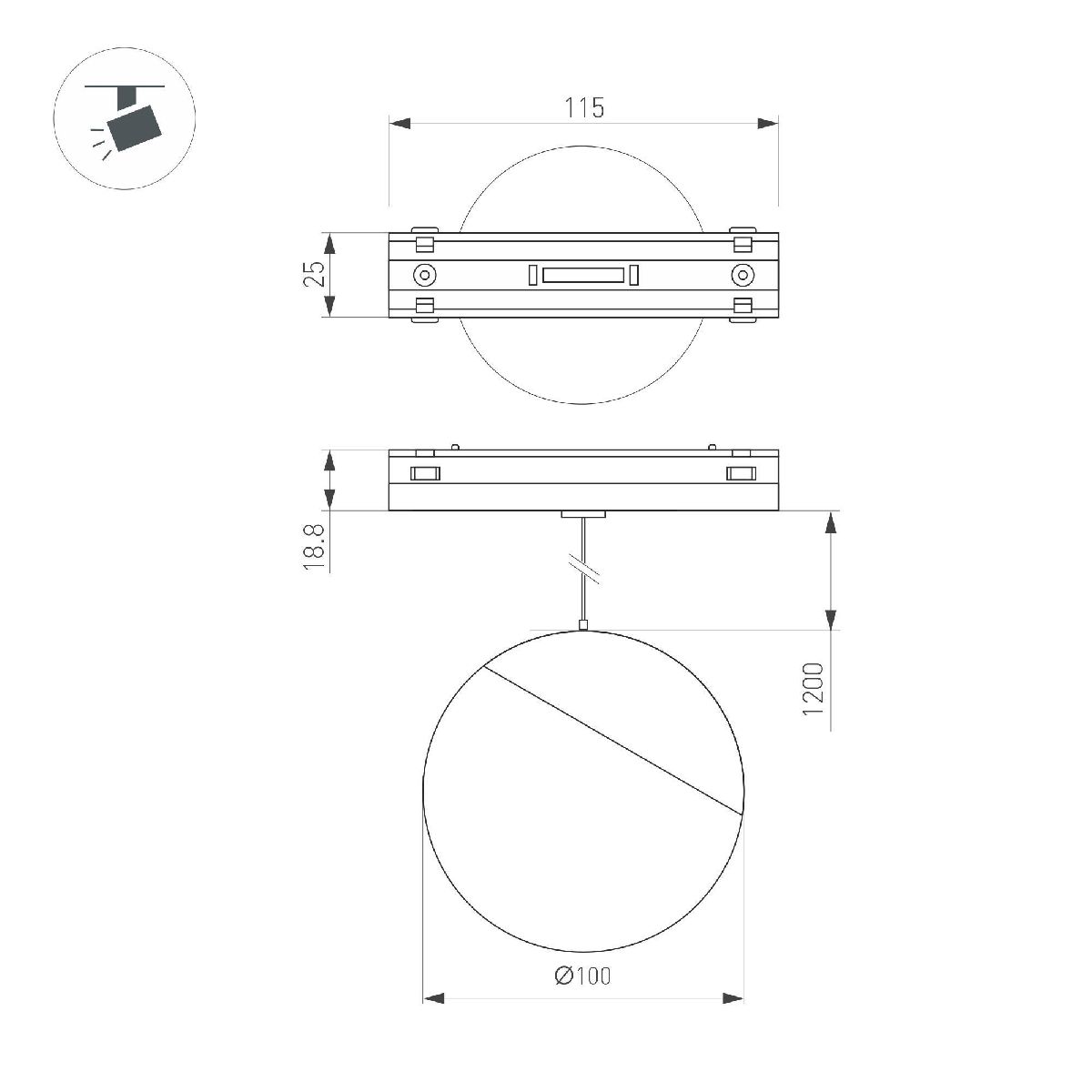 Трековый магнитный светильник Arlight MAG-VIBE-EMISFERO-HANG-R100-6W Warm3000 (WH, 130 deg, 48V) 044456