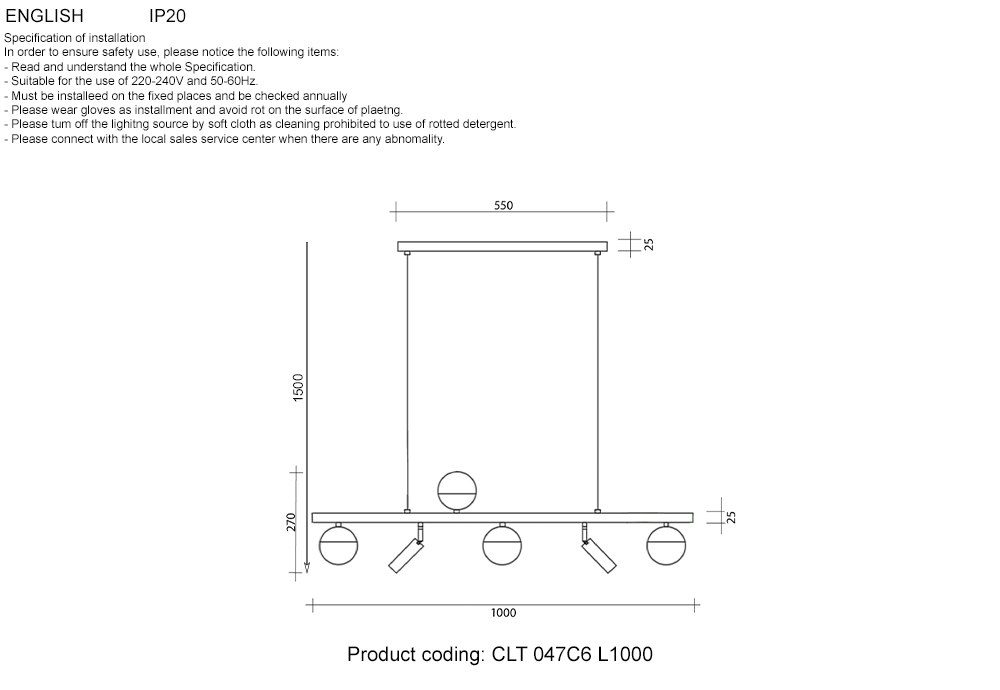 Подвесная люстра Crystal Lux CLT 047C6 L1000 BL-GO