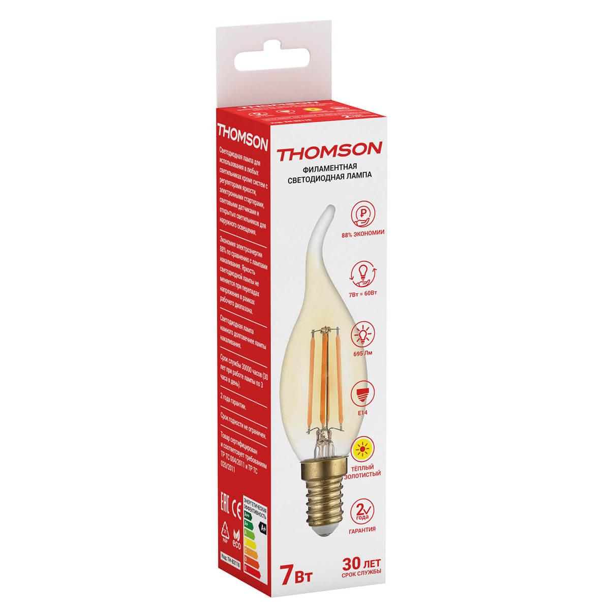 Лампа светодиодная филаментная Thomson E14 7W 2400K свеча не ветру прозрачная TH-B2118