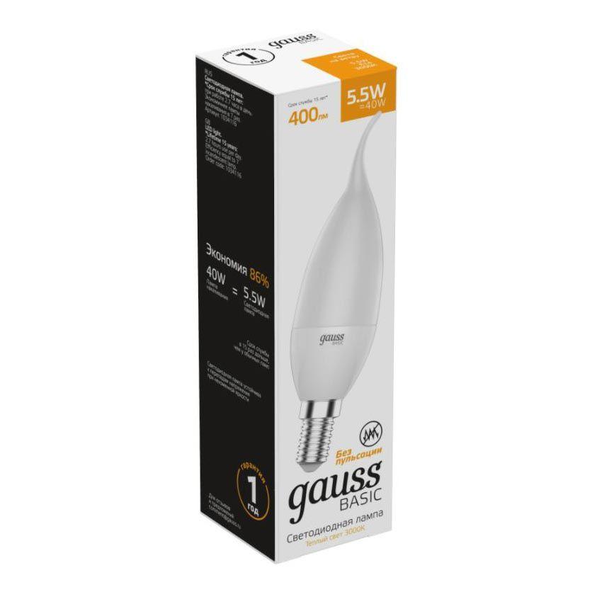 Лампа светодиодная Gauss E14 5,5W 3000К свеча на ветру матовая 1034116