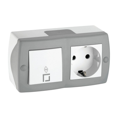 Выключатель одноклавишный проходной + розетка с заземлением Mono Electric Octans IP20 10А 250В бело-серый 104-020001-186