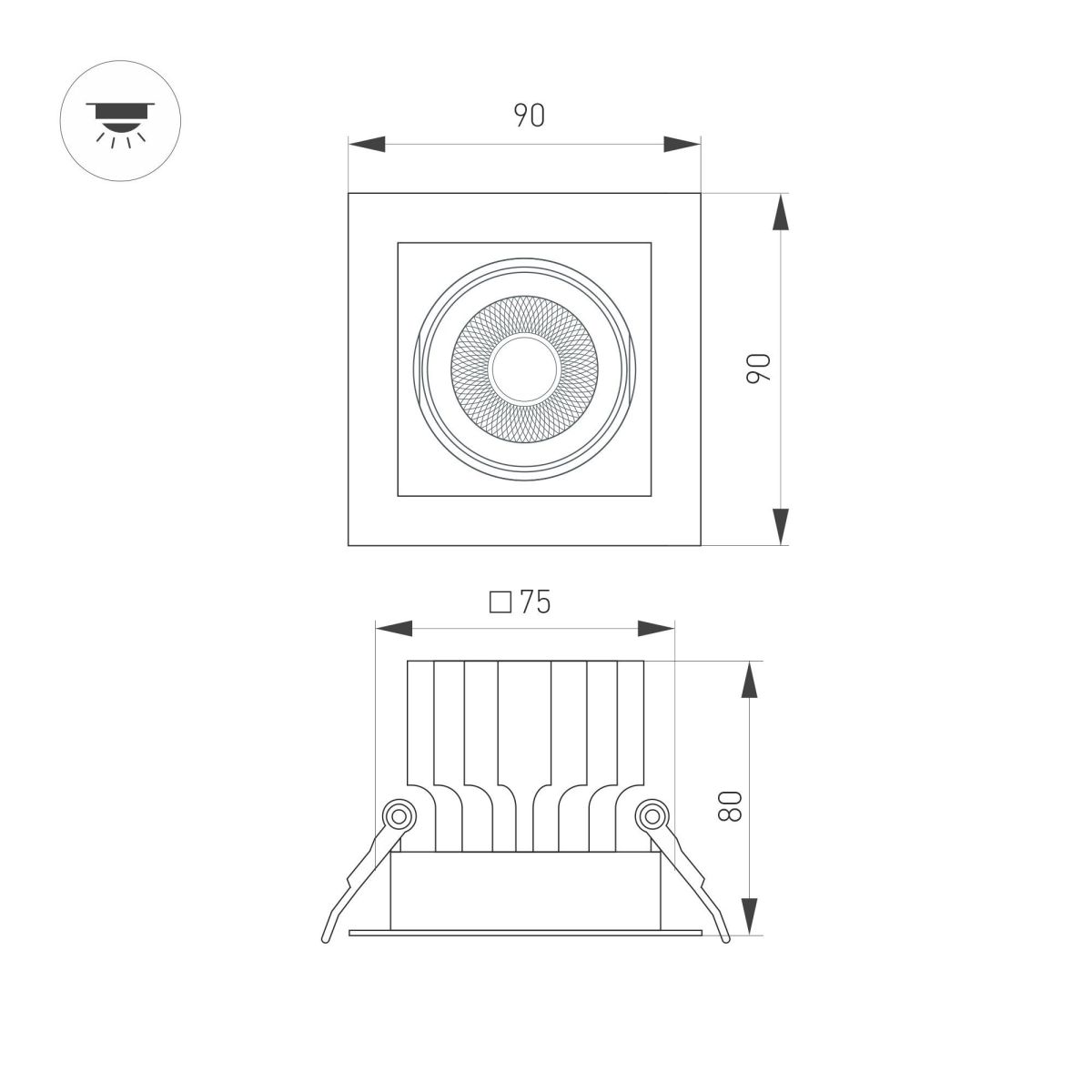 Встраиваемый светильник Arlight MS-VORTEX-BUILT-S90x90-12W Warm3000 (BK-BK, 20 deg, 230V) 058371