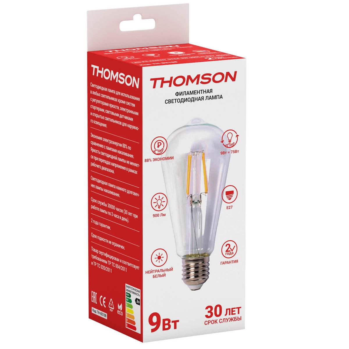 Лампа светодиодная филаментная Thomson E27 9W 4500K колба прозрачная TH-B2108