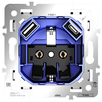 Механизм розетки с заземлением и защитными шторками 16А, с USB A+C Voltum S70 VLS0405M