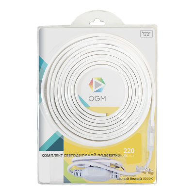 Комплект светодиодной ленты Apeyron 220В 6Вт/м smd2835 60д/м IP65 600Лм/м 5м 3000К (шнур питания, контроллер, заглушка, крепеж) SL-58