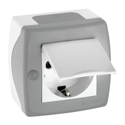 Розетка с заземлением и крышкой Mono Electric Octans IP20 16А 250В бело-серый 104-020007-118