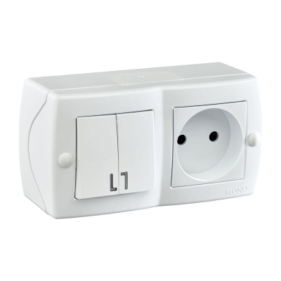 Выключатель двухклавишный + розетка без заземления Mono Electric Octans IP20 10А 250В белый 104-010101-182