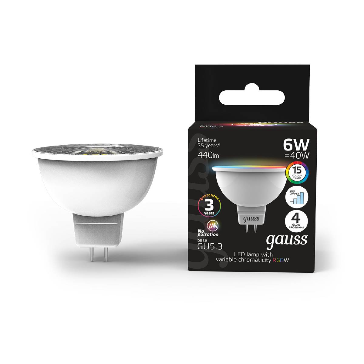 Лампа светодиодная диммируемая Gauss GU5.3 6W RGBW рефлектор матовый 101105406