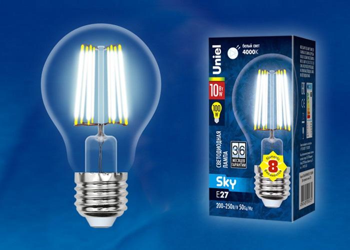 Лампа светодиодная филаментная (UL-00002626) Uniel E27 10W 4000K прозрачная LED-A60-10W/NW/E27/CL PLS02WH