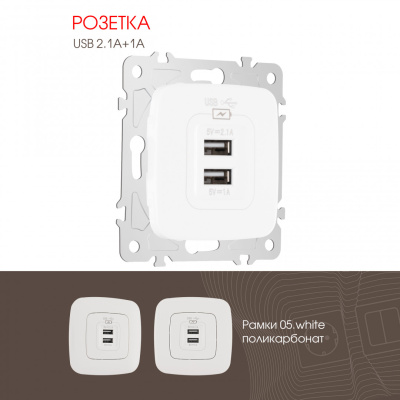 Розетка USB 2.1А+1А Arte Milano 205.46-1.white