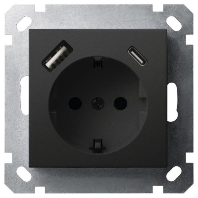 Розетка SHUKO Jasmart с USB тип USB A-C с защитными шторками черный матовый (soft touch) 25W 16A 250V 2P+T G5501USB-25PB