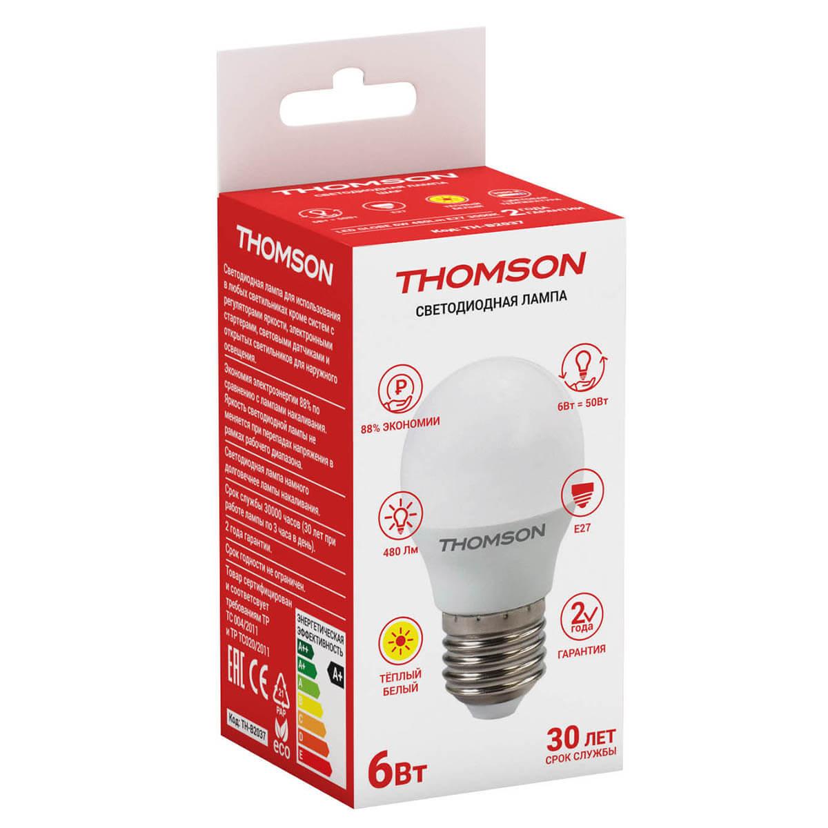 Лампа светодиодная Thomson E27 6W 3000K шар матовый TH-B2037