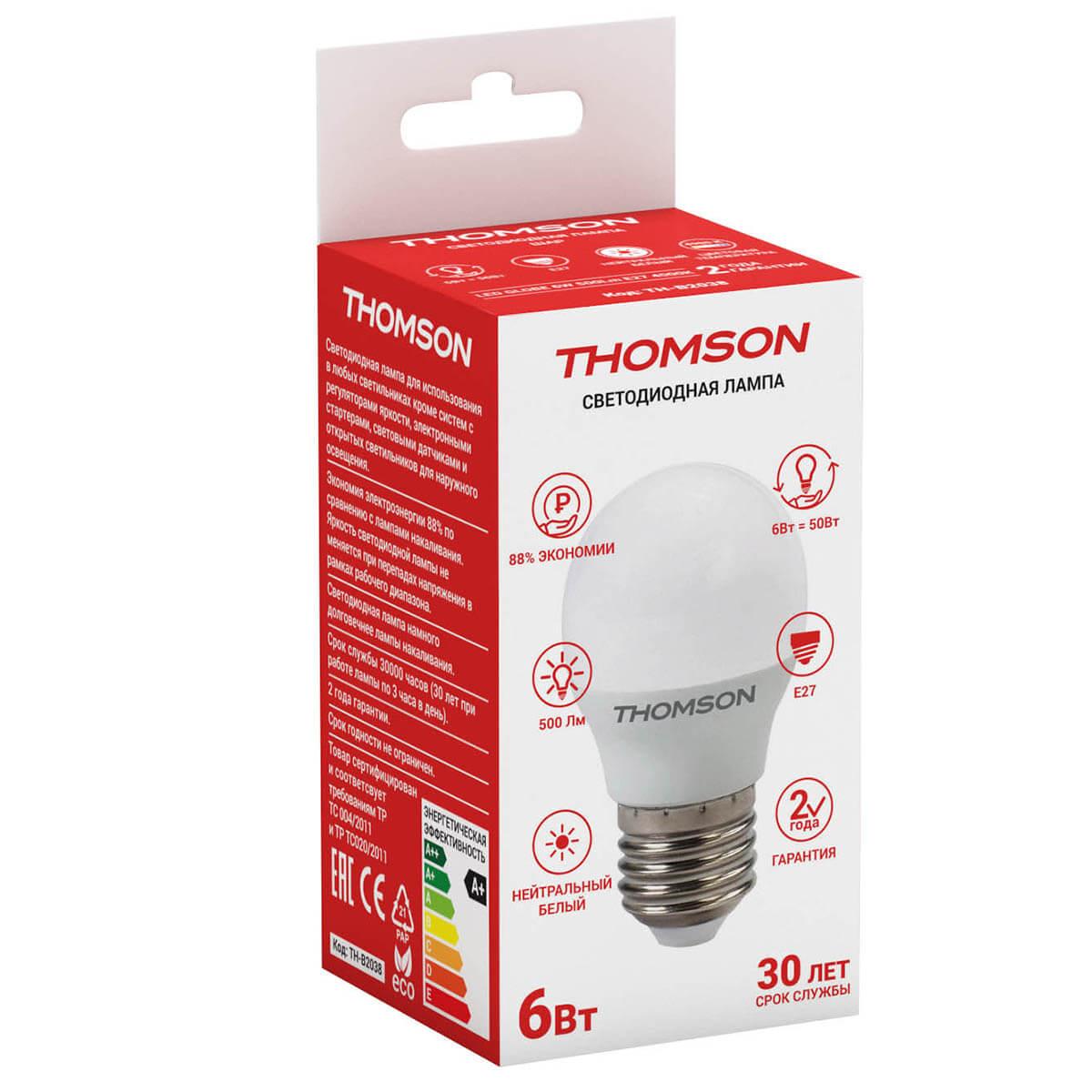 Лампа светодиодная Thomson E27 6W 4000K шар матовый TH-B2038
