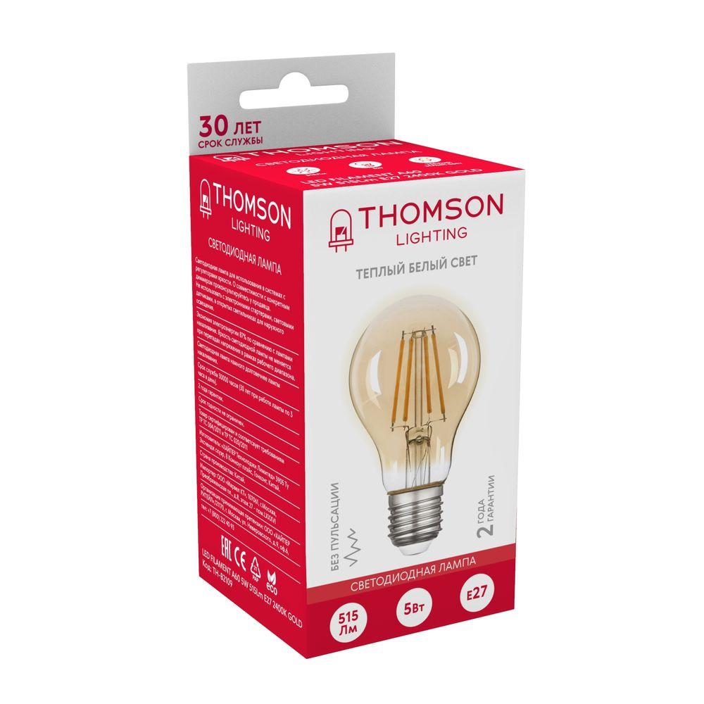 Лампа светодиодная филаментная Thomson E27 5W 2400K груша прозрачная TH-B2109