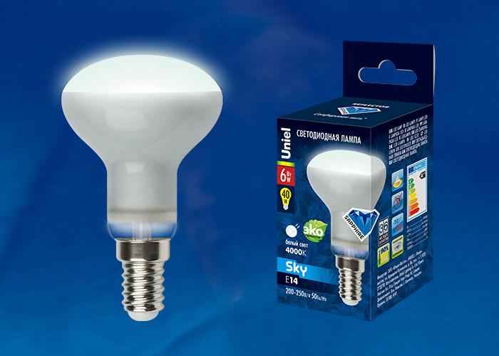 Лампа светодиодная рефлекторная (UL-00001491) Uniel E14 6W 3000K матовая LED-R50-6W/WW/E14/FR PLS02WH