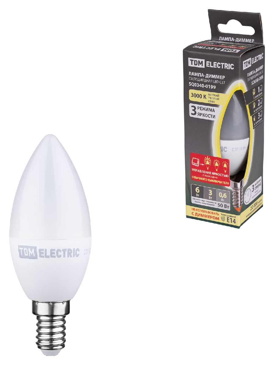 Лампа светодиодная диммируемая TDM Electric Е14 6W 3000K прозрачная SQ0340-0199