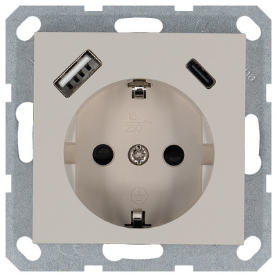 Розетка SHUKO с USB A+C с защитными шторками 16A 250V 2P+T USB 25W, цвет Тауп Jasmart G5501USB-25T