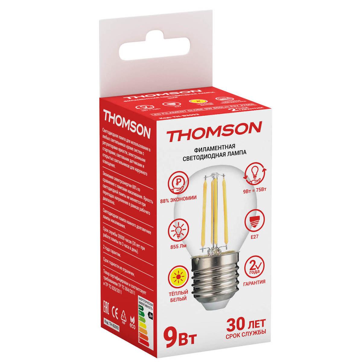 Лампа светодиодная филаментная Thomson E27 9W 2700K шар прозрачный TH-B2093