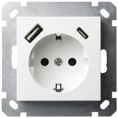 Розетка SHUKO Jasmart с USB тип A-C с защитными шторками 25W 16A 250V 2P+T белый глянцевый G5501USB-25W