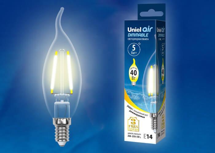 Лампа светодиодная филаментная (UL-00002863) Uniel E14 5W 3000K LED-CW35-5W/WW/E14/CL/DIM GLA01TR