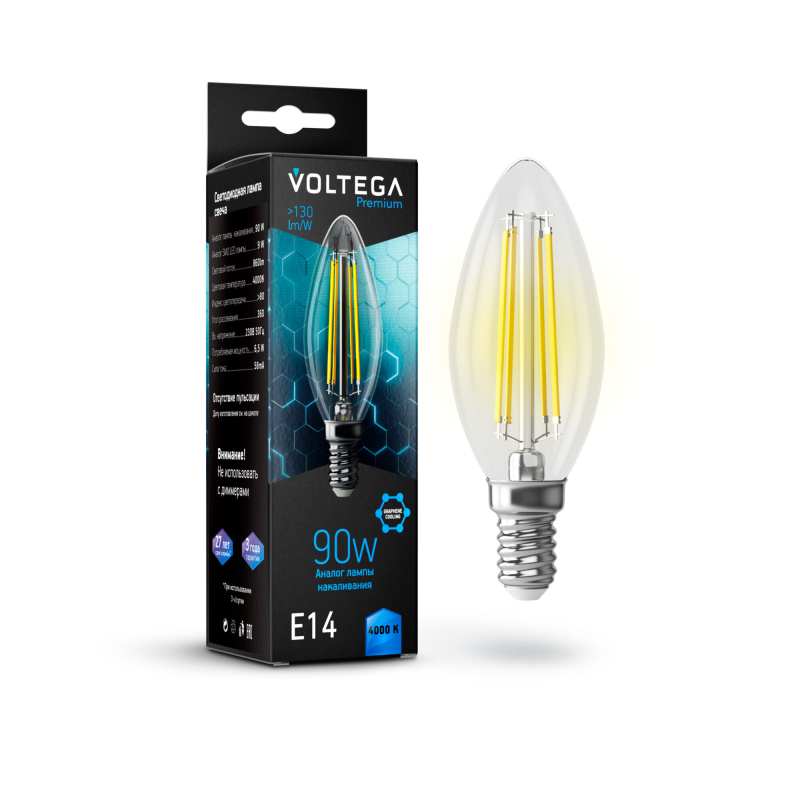 Лампа светодиодная Voltega E14 9W 4000K свеча прозрачная G10-C35E14cold9W-F 7135
