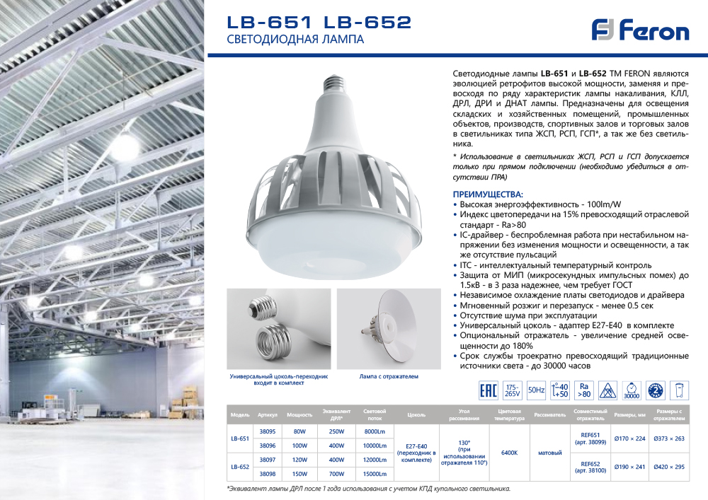 Лампа светодиодная Feron E27-E40 80W 6400K матовая LB-651 38095