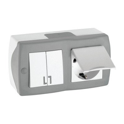 Выключатель двухклавишный + розетка с заземлением и крышкой Mono Electric Octans IP20 10А 250В бело-серый 104-020001-187