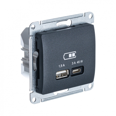 USB Розетка A + тип-C 45W высокоскор.заряд. QC, PD, мех. Systeme Electric Glossa Антрацит GSL000729