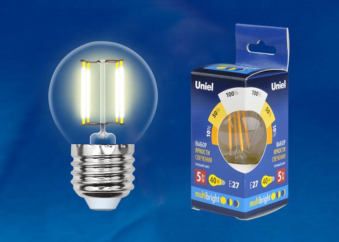 Лампа светодиодная филаментная Uniel E14 5W 3000K прозрачная LED-G45-5W/WW/E14/CL/MB GLM10TR