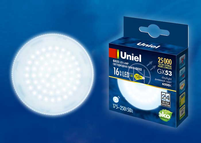 Лампа светодиодная (UL-00005315) Uniel GX53 16W 6500K матовая LED-GX53-16W/6500K/GX53/FR PLZ01WH
