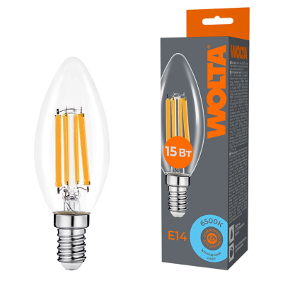 Лампа светодиодная филаментная WOLTA 15Вт 6500K Е14 свеча прозрачная WF-C35-15W6KE14