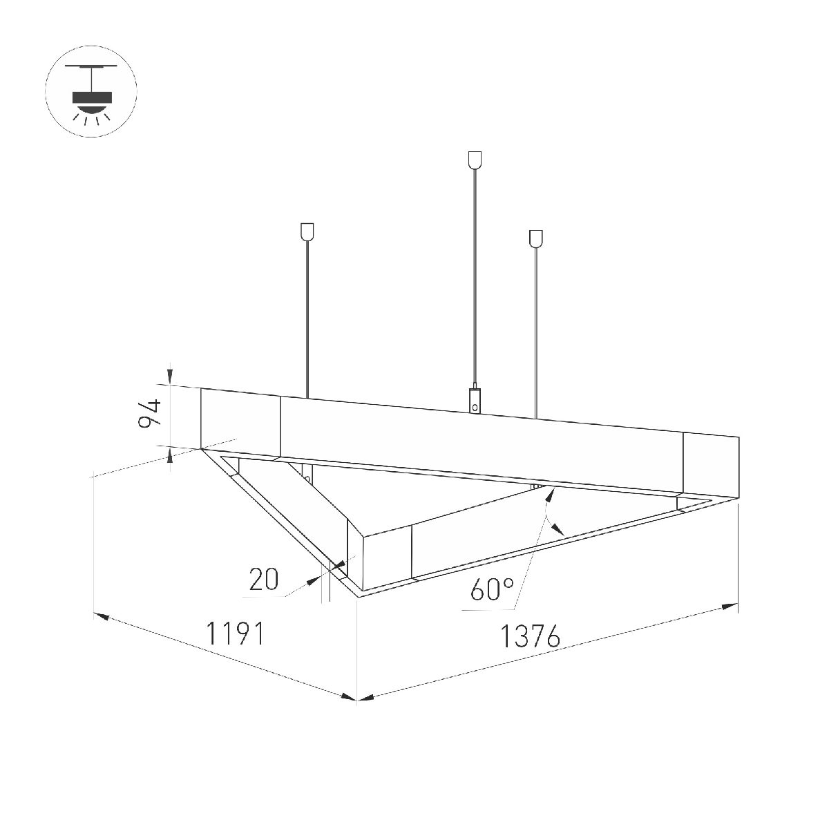 Подвесной светильник Arlight ALT-LINEAIR-TRIANGLE-FLAT-UPDOWN-DIM-1375-130W Warm3000 040636