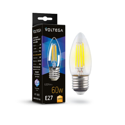 Лампа светодиодная филаментная Voltega E27 6W 3000K свеча прозрачная 7208