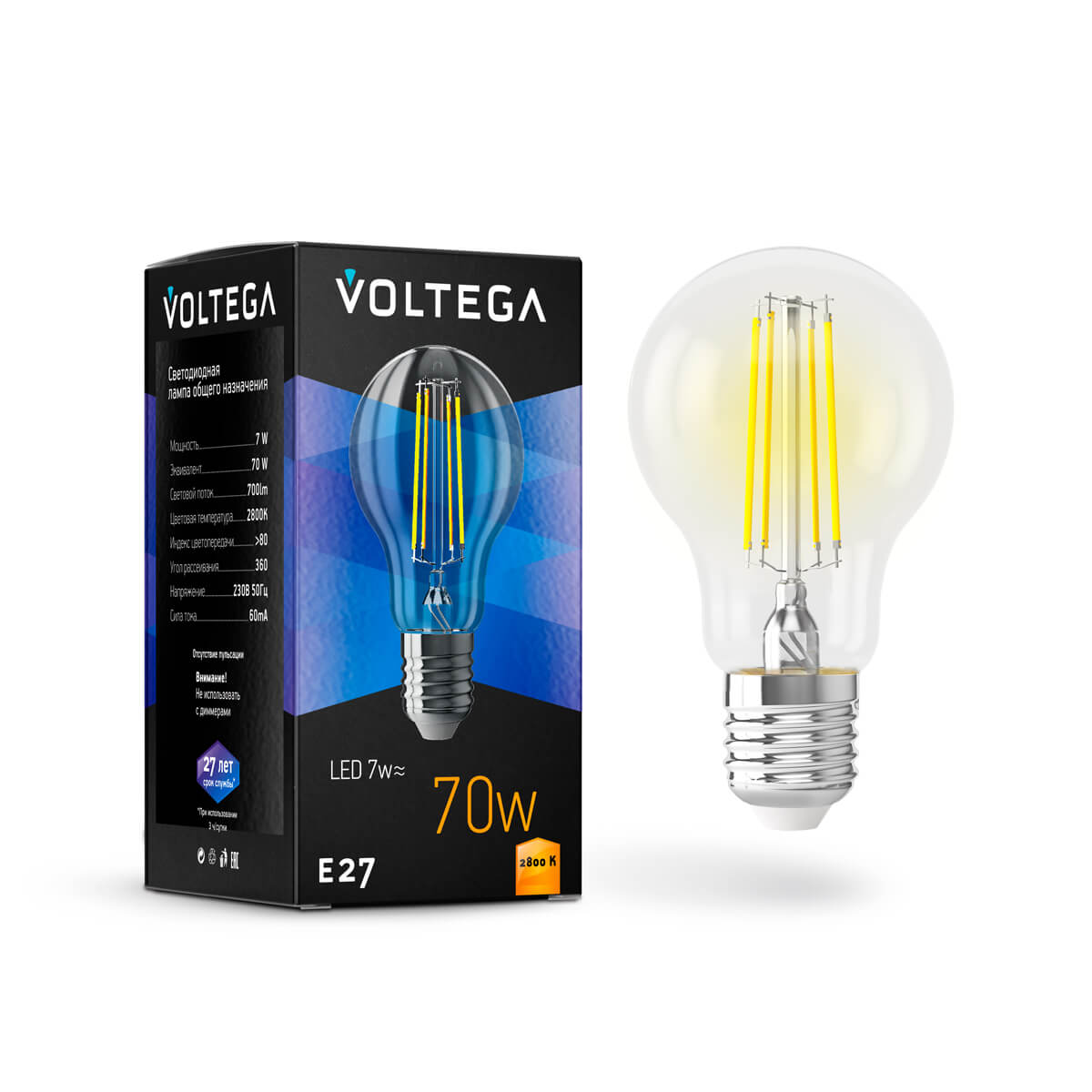 Лампа светодиодная Voltega E27 7W 2800K груша прозрачная VG10-A60E27warm7W-F 7140