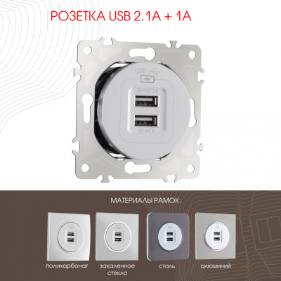 Розетка USB 2.1А+1А Arte Milano 202.46-1.silver