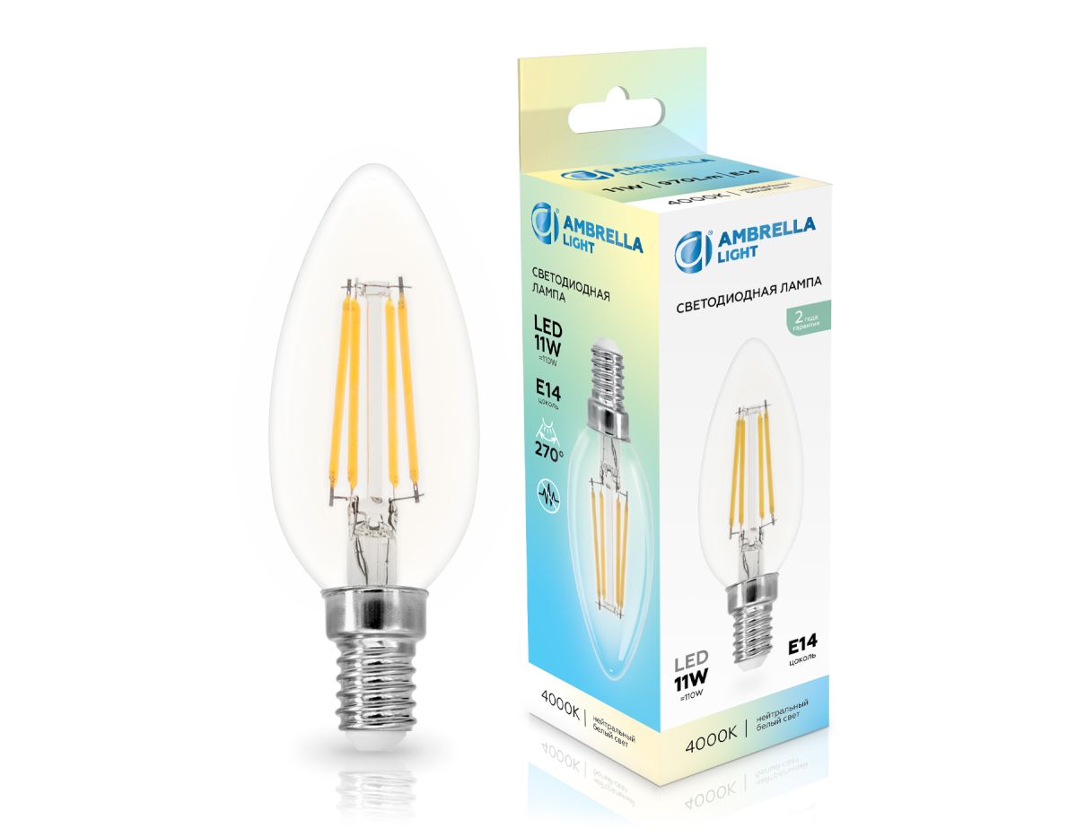 Филаментная светодиодная лампа Ambrella Light Bulbing E14 11W 4000K свеча 351114