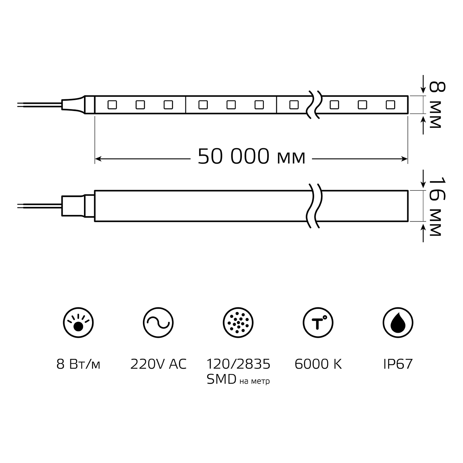 Светодиодная лента Gauss 220В 2835 8Вт/м 6500K 50м IP67 311000308