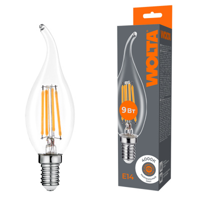 Лампа светодиодная филаментная WOLTA 9Вт 4000K Е14 свеча на ветру прозрачная WF-CT35-9W4KE14