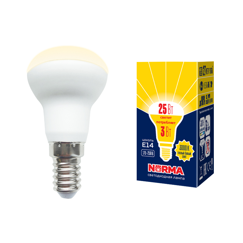 Лампа светодиодная Volpe Norma LED-R39-3W/3000K/E14/FR/NR картон UL-00005625
