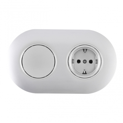 Выключатель круглый одноклавишный с розеткой с/з и шторками Arte Milano SET08-2-40-1-30-1 silver