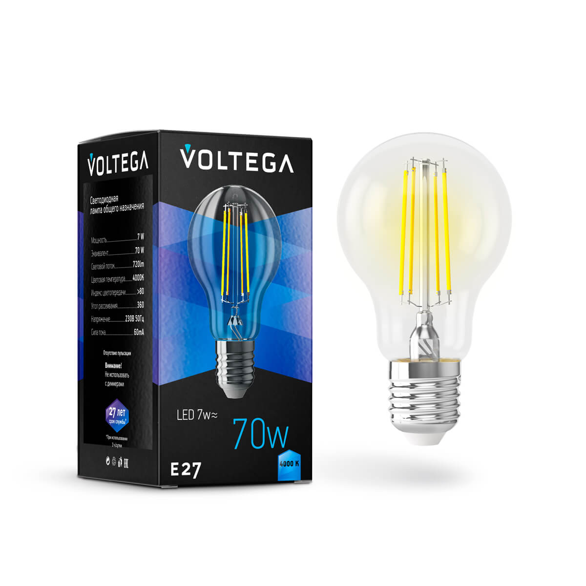 Лампа светодиодная Voltega E27 7W 4000K груша прозрачная VG10-A60E27cold7W-F 7141