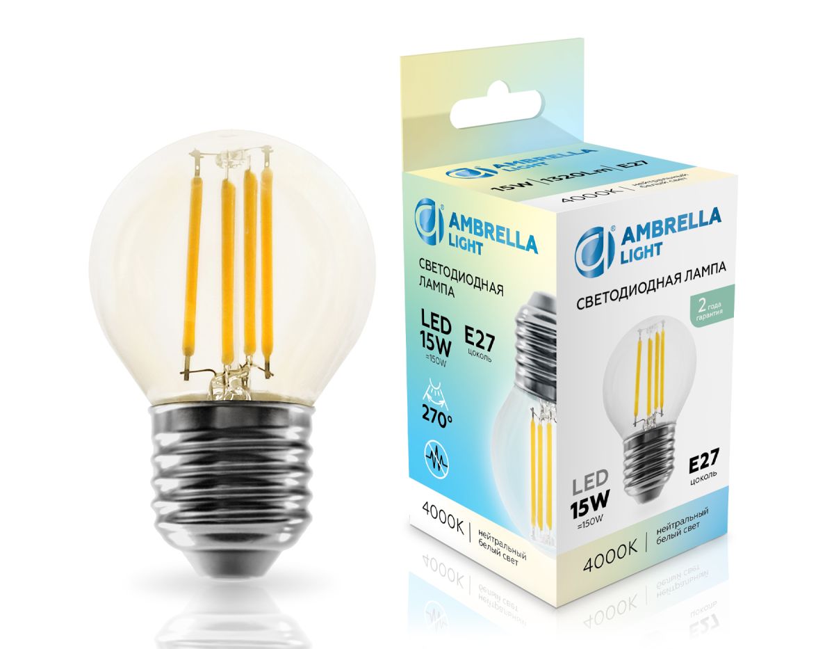 Филаментная светодиодная лампа Ambrella Light Bulbing E27 15W 4000K шар 451524