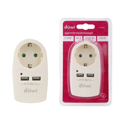 Адаптер 1 гнездо + 2 USB порта на евро вилку Duwi 27420 9