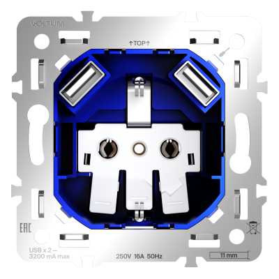 Механизм розетки с заземлением и защитными шторками 16А, с USB A+A Voltum S70 VLS0404M