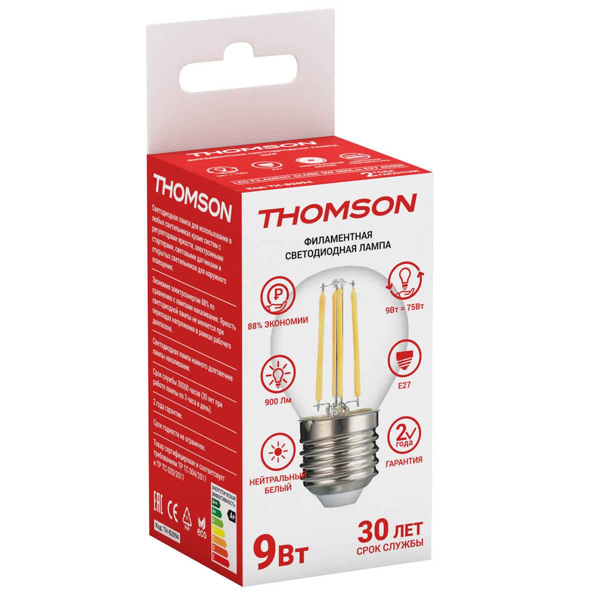Лампа светодиодная филаментная Thomson E27 9W 4500K шар прозрачный TH-B2094